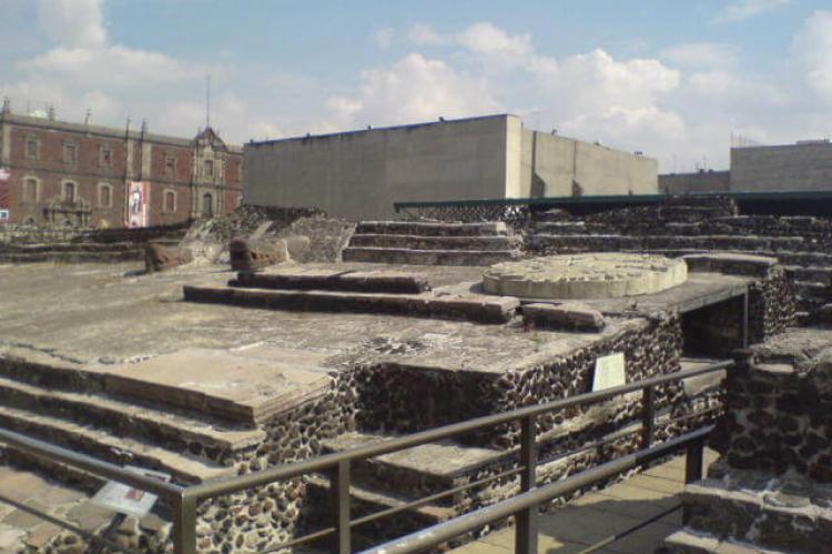 View of the ruins of the Templo Mayor with museum in background