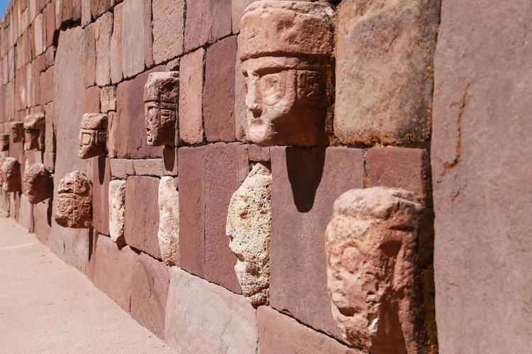 Heads at Tiwanaku ruins archaeological site, Bolivia