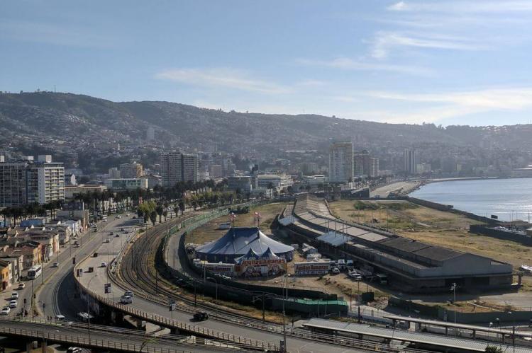 Coastal city of Valparaiso, Chile with hills of the Chilean Coastal Range providing the backdrop