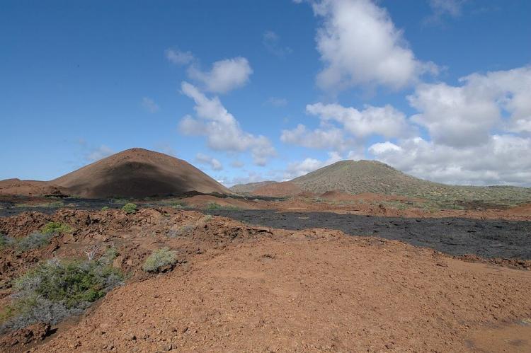 Volcanic cones and lava on Santiago island in the Galapagos Islands, Ecuador