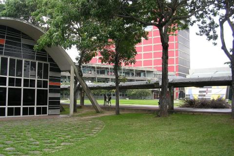 Alejandro Otero (Mural)-[left], Mateo Manaure (Mural)-[right] and main library of the "Ciudad Universitaria de Caracas", Venezuela