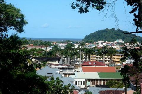 Cayenne downtown view from Ceperou Hill, with Montabo Hill in the background, French Guiana