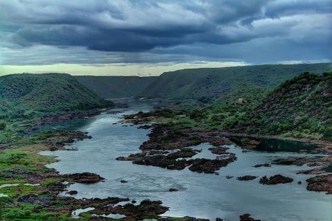 Aerial view of the São Francisco River after the dam of the Xingó hydroelectric plant, Brazil