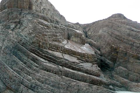 Structurally-tilted sedimentary rocks (Grey Lake, Torres del Paine National Park, Chile)
