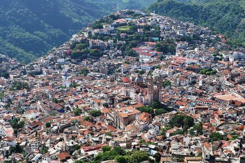 Panoramic view of the city center of Taxco de Alarcon, Guerrero, Mexico