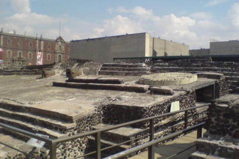 View of the ruins of the Templo Mayor with museum in background