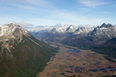 Aerial view of Valle Carbajal (terminus) in the Southern Andes, Tierra del Fuego Province, Argentina