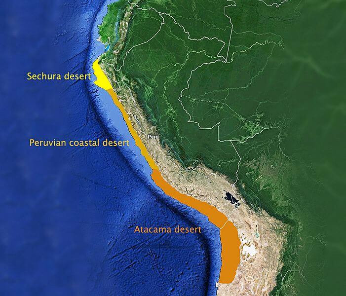 Deserts of Peru, based on ecological and geological characteristics: Sechura Desert, Peruvian coastal desert, Atacama Desert