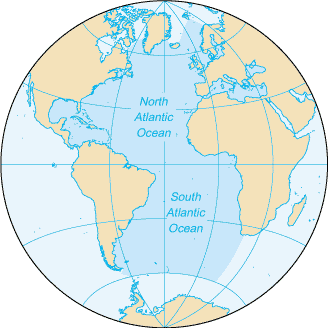 Atlantic Ocean global map.