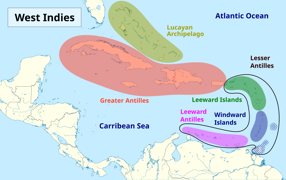 Location of Leeward Antilles within Caribbean (light purple shading)